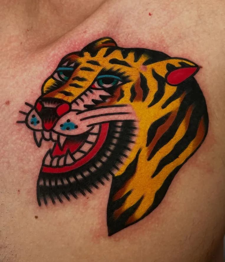 Traditional colorful tiger head tattoo, on the chest